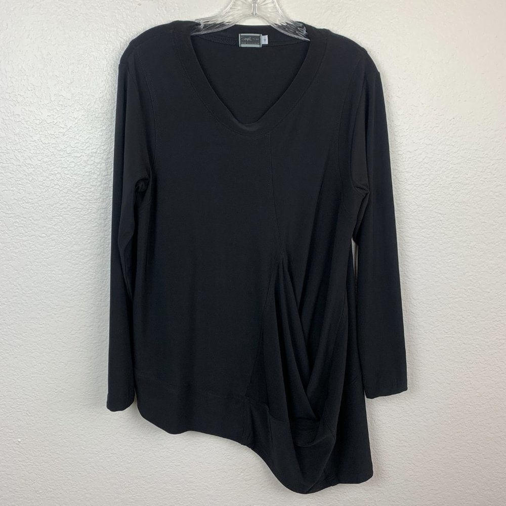 Sympli Size 12 Asymmetrical Hemline Tunic Top Draped Black Long Sleeve V Neck - Picture 1 of 11